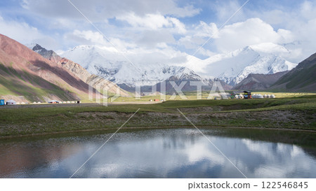 Beautiful alpine landscape with snowy Pamir Mountains and nomadic yurts and lake, Kyrgyzstan Beautiful alpine landscape with snowy Pamir Mountains and nomadic yurts and lake, Kyrgyzstan 122546845