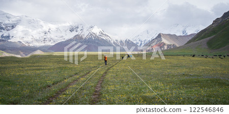 Group of tourists hiking through green alpine valley with snowy peaks in Pamir Mountains, Kyrgyzstan Group of tourists hiking through green alpine valley with snowy peaks in Pamir Mountains, Kyrgyzstan 122546846