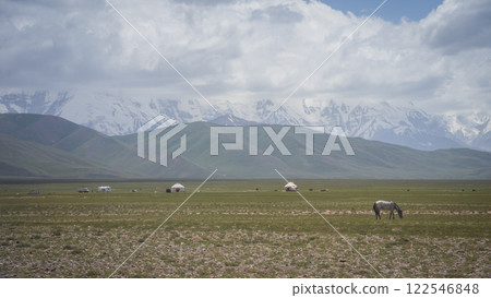 Landscape with Pamir Mountains backdrop and nomadic yurts and horses in foreground, Kyrgyzstan Landscape with Pamir Mountains backdrop and nomadic yurts and horses in foreground, Kyrgyzstan 122546848