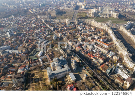 Aerial drone view over Bucharest downtown cityscape, Romania. 122546864