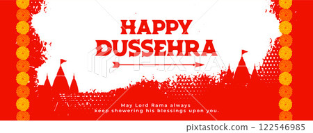 happy dussehra red banner with temples and flowers 122546985