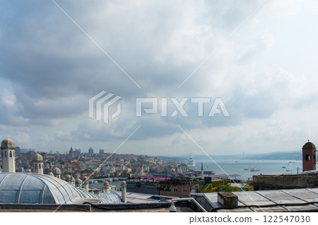 Beautiful aerial view of Istanbul city and golden horn from Suleymaniye mosque. Turkey Beautiful aerial view of Istanbul city and golden horn from Suleymaniye mosque. Turkey 122547030