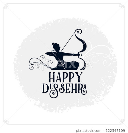 happy dussehra festival card with lord rama holding bow and arrow 122547109