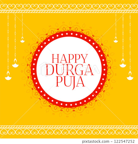 happy durga pooja yellow decorative card background 122547252