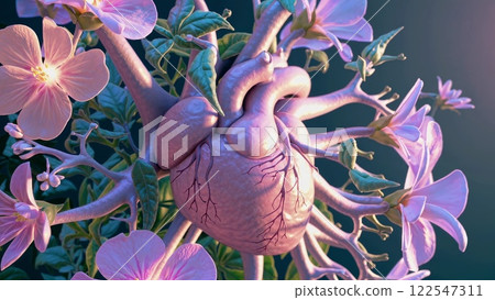 Anatomical Heart Blooming with Flowers on Dark Background 122547311