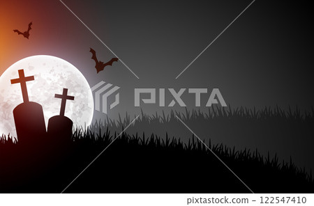 scary graveyard scene with moon and flying bats 122547410