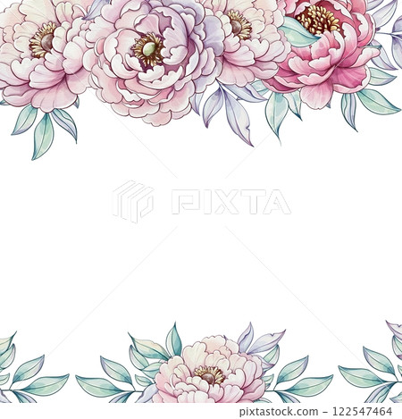 Vibrant peonies bloom gracefully in soft watercolor hues, creating a delicate frame that enhances the serene backdrop template, background 122547464