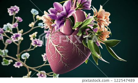 Human heart with flowers growing, representing health and love 122547489