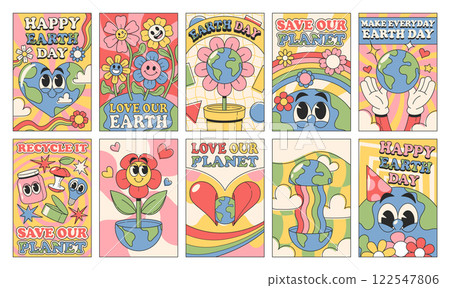 National Earth day ecology campaign promotional save planet banner in groovy hippie design set 122547806