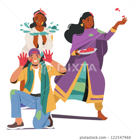 People in spotted clothes participate Holi festival Indian paint party event spraying colored powder 122547988