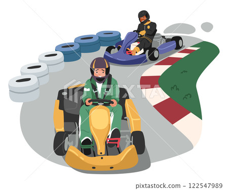 People kart racing participants character enjoying championship activity driving cart on track 122547989