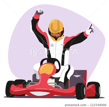 Excited kart racer cartoon character gesturing win and success hand sign due to finishing race 122548000