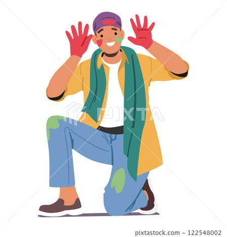 Happy man wearing dirty spotted clothing showing painted hands rejoicing Holi festival celebration Happy man wearing dirty spotted clothing showing painted hands rejoicing Holi festival celebration 122548002