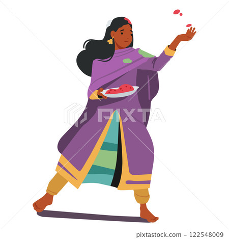 Attractive Indian woman cartoon character wearing traditional costume throwing colored paint powder 122548009