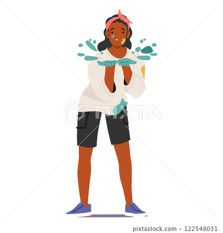Cheerful woman cartoon character blowing color paint dust from palms participating Holi festival 122548031