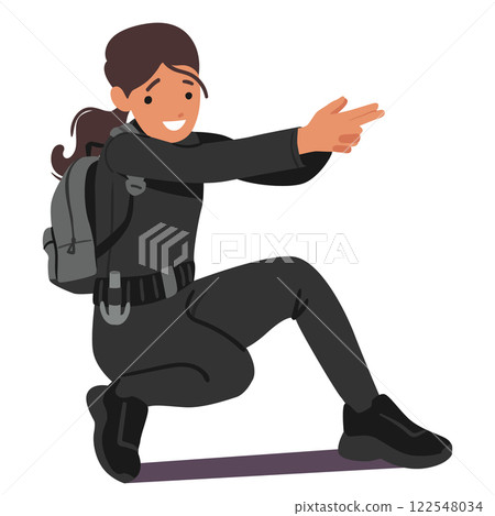 Teen girl cartoon character playing secret agent showcasing arms like handgun isolated on white 122548034