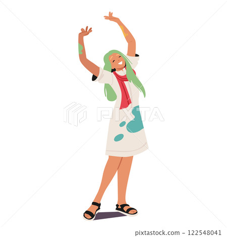 Glad satisfied young woman cartoon character rejoicing fun at happy holi festival Indian holiday 122548041