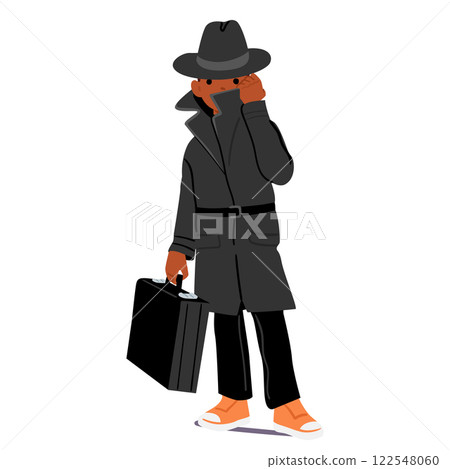 Serious boy kid detective cartoon character wearing secret agent trendy outfit vector illustration 122548060