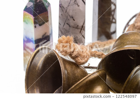 Quartz Crystals points with rustic bells close up  122548097