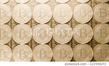 Top view of bitcoin coins on the blue background. Cryptocurrency coins pattern. Bitcoin flat lay. 3d rendering. 122548255
