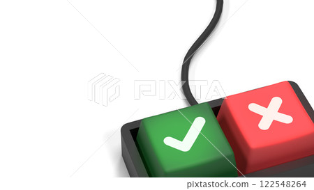 Choice concept. Keyboard with two keys - right and left arrow. Choosing the direction or making decision concept. Cartoon style. 3d rendering. Choice concept. Keyboard with two keys - right and left arrow. Choosing the direction or making decision concept. Cartoon style. 3d rendering. 122548264