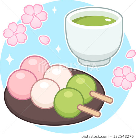 Japanese tea with Hanami dango and sakura blossom illustration Japanese tea with Hanami dango and sakura blossom illustration 122548276