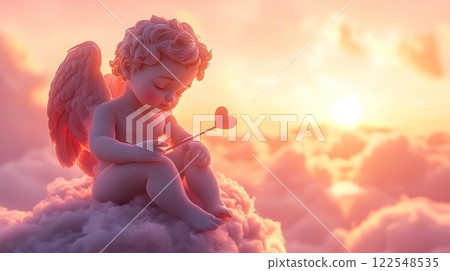 Sad cupid sitting on a cloud, with his bow resting by his side 122548535