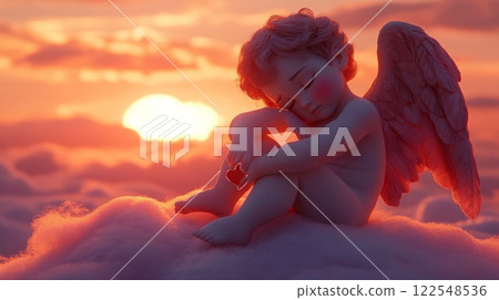 Sad cupid sitting on a cloud, with his bow resting by his side 122548536