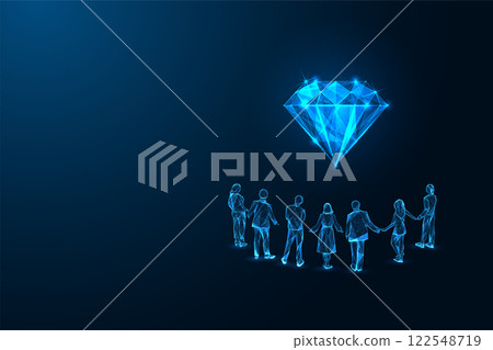 Corporate values, teamwork and leadership concept with team of people holding hands under diamond Corporate values, teamwork and leadership concept with team of people holding hands under diamond 122548719