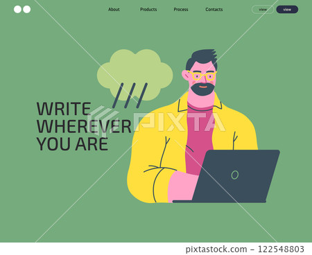 Writing people, modern flat vector concept illustration- sitting man thoughtfully writing on laptop, bubble near head Metaphor for reflection, personal insight, contemplation, creative expression Writing people, modern flat vector concept illustration- sitting man thoughtfully writing on laptop, bubble near head Metaphor for reflection, personal insight, contemplation, creative expression 122548803