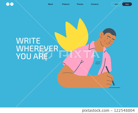 Writing people, modern flat vector concept illustration- sitting woman thoughtfully writing on paper, bubble near head Metaphor for reflection, personal insight, contemplation, creative expression 122548804