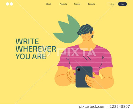 Writing people, modern flat vector concept illustration- standing man thoughtfully writing on tablet, bubble near head Metaphor for reflection, personal insight, contemplation, creative expression Writing people, modern flat vector concept illustration- standing man thoughtfully writing on tablet, bubble near head Metaphor for reflection, personal insight, contemplation, creative expression 122548807