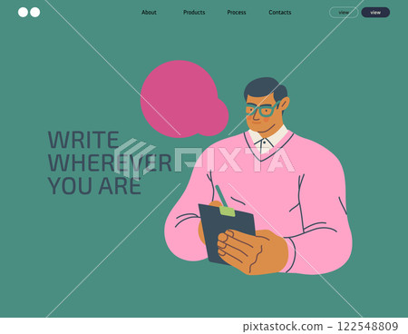 Writing people, modern flat vector concept illustration- standing man thoughtfully writing on clipboard, bubble near head Metaphor for reflection, personal insight, contemplation, creative expression Writing people, modern flat vector concept illustration- standing man thoughtfully writing on clipboard, bubble near head Metaphor for reflection, personal insight, contemplation, creative expression 122548809