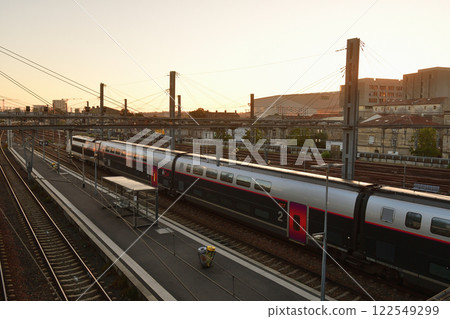 Bordeaux, France. A French National Railways TGV train parked at Saint-Jean station early in the morning on August 16, 2024. 122549299