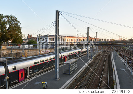 Bordeaux, France. A French National Railways TGV train parked at Saint-Jean station early in the morning on August 16, 2024. 122549300