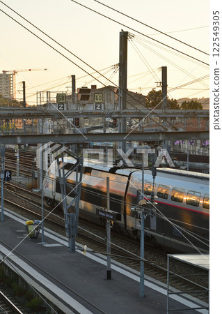 Bordeaux, France. A French National Railways TGV train parked at Saint-Jean station early in the morning on August 16, 2024. Bordeaux, France. A French National Railways TGV train parked at Saint-Jean station early in the morning on August 16, 2024. 122549305