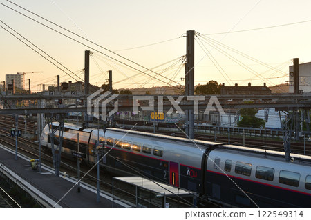 Bordeaux, France. A French National Railways TGV train parked at Saint-Jean station early in the morning on August 16, 2024. Bordeaux, France. A French National Railways TGV train parked at Saint-Jean station early in the morning on August 16, 2024. 122549314