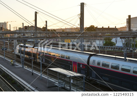 Bordeaux, France. A French National Railways TGV train parked at Saint-Jean station early in the morning on August 16, 2024. 122549315