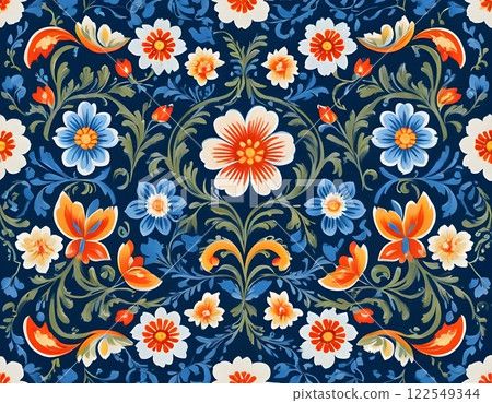 Norwegian Scandinavian rosemaling traditional handpainted folk art in bright blue floral patterns 122549344