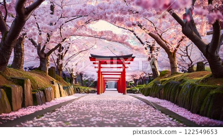 參拜神社的參拜道路兩旁盛開的櫻花－日本神秘的神社風景 122549653