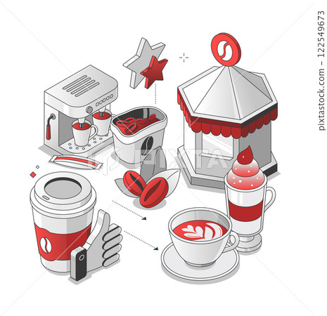 Coffee house - black and red isometric line illustration 122549673