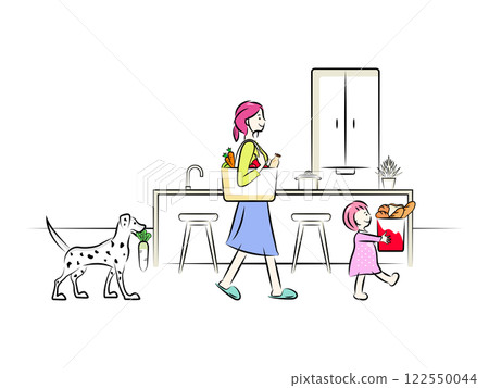 家庭主婦和女孩在購物回家的路上，寵物狗達爾馬提亞犬 | 家庭系列 122550044