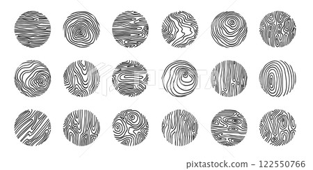 Wood line circle. Tree trunk cross section with topography rings, black and white timber log slices with contour sketch. Vector isolated set on white 122550766