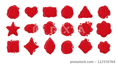 Cartoon wax stamps. Vintage postage seal stamp, red wax label marks, medieval post signet flat vector illustration set. Postal paraffin stamps collection 122550769