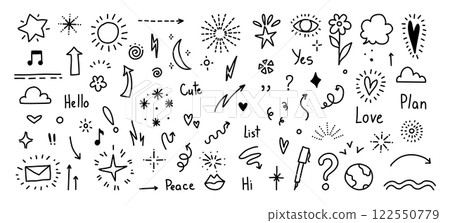 Doodle cute glitter pen line elements. Doodle heart, arrow, star, sparkle decoration symbol set icon. Simple sketch line style emphasis, attention, pattern elements. Vector illustration 122550779