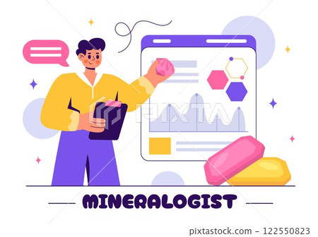 Vector Illustration of a Mineralogist Examining Natural Stones and Mineral Structures for Jewelry Making or Chemical Reactions in a Flat Background 122550823