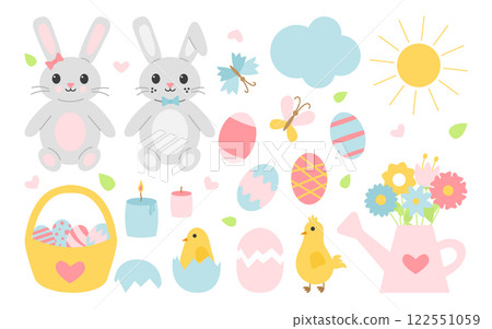 Flat cartoon Easter clipart set with cute rabbits, Easter eggs, chicks, flowers, and spring elements cards, projects  122551059