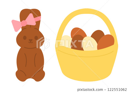 Flat cartoon chocolate Easter bunny with pink bow, yellow basket filled with chocolate eggs in different shades brown Flat cartoon chocolate Easter bunny with pink bow, yellow basket filled with chocolate eggs in different shades brown 122551062