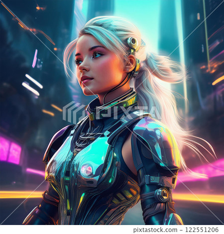 一個身穿未來派賽博龐克服裝的女孩在旱冰鞋上奔跑 122551206