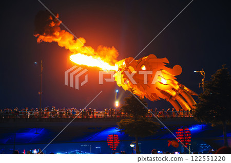 Fire show on Dragon Bridge in Da Nang in Vietnam in Asia at night 122551220